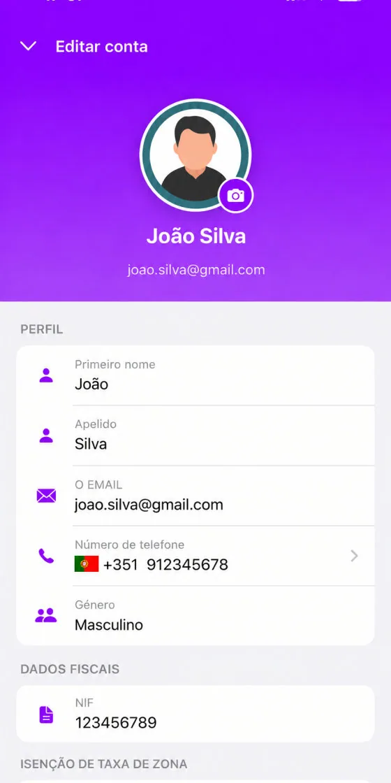 Ecrã de perfil da App POP, com os dados da conta e os dados fiscais