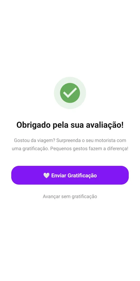Ecrã de fim de viagem da App POP, a agradecer a avaliação e a propor uma gratificação ao motorista